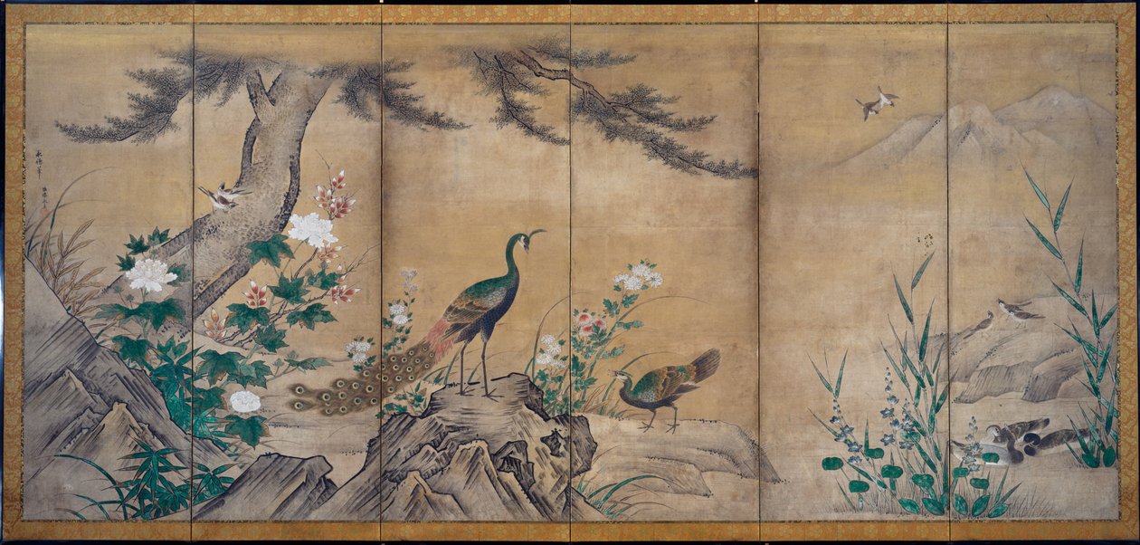 Fåglar, träd och blommor, sent 1500-tal. av Kano Mitsunobu