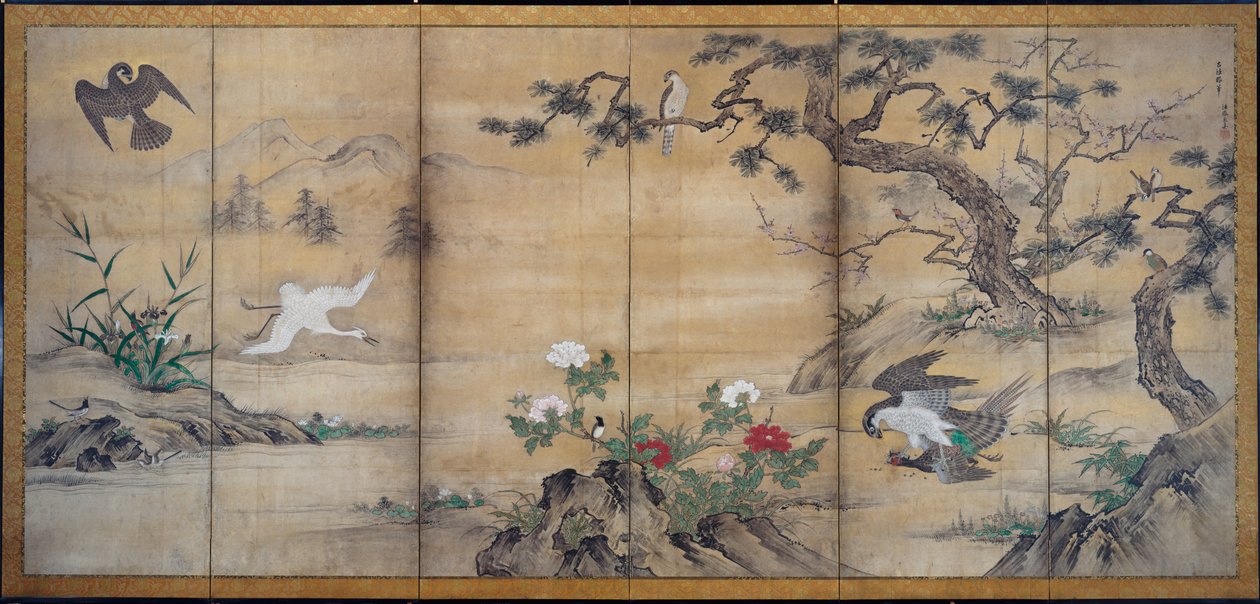 Fåglar, träd och blommor, sent 1500-tal. av Kano Mitsunobu