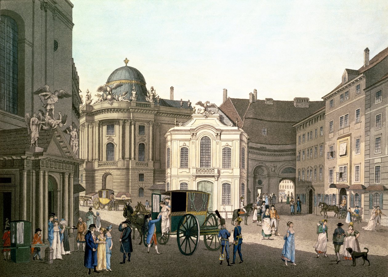 Utsikt över Michaelerplatz som visar Old Burgtheater (handfärgad gravyr) av Karel Postl