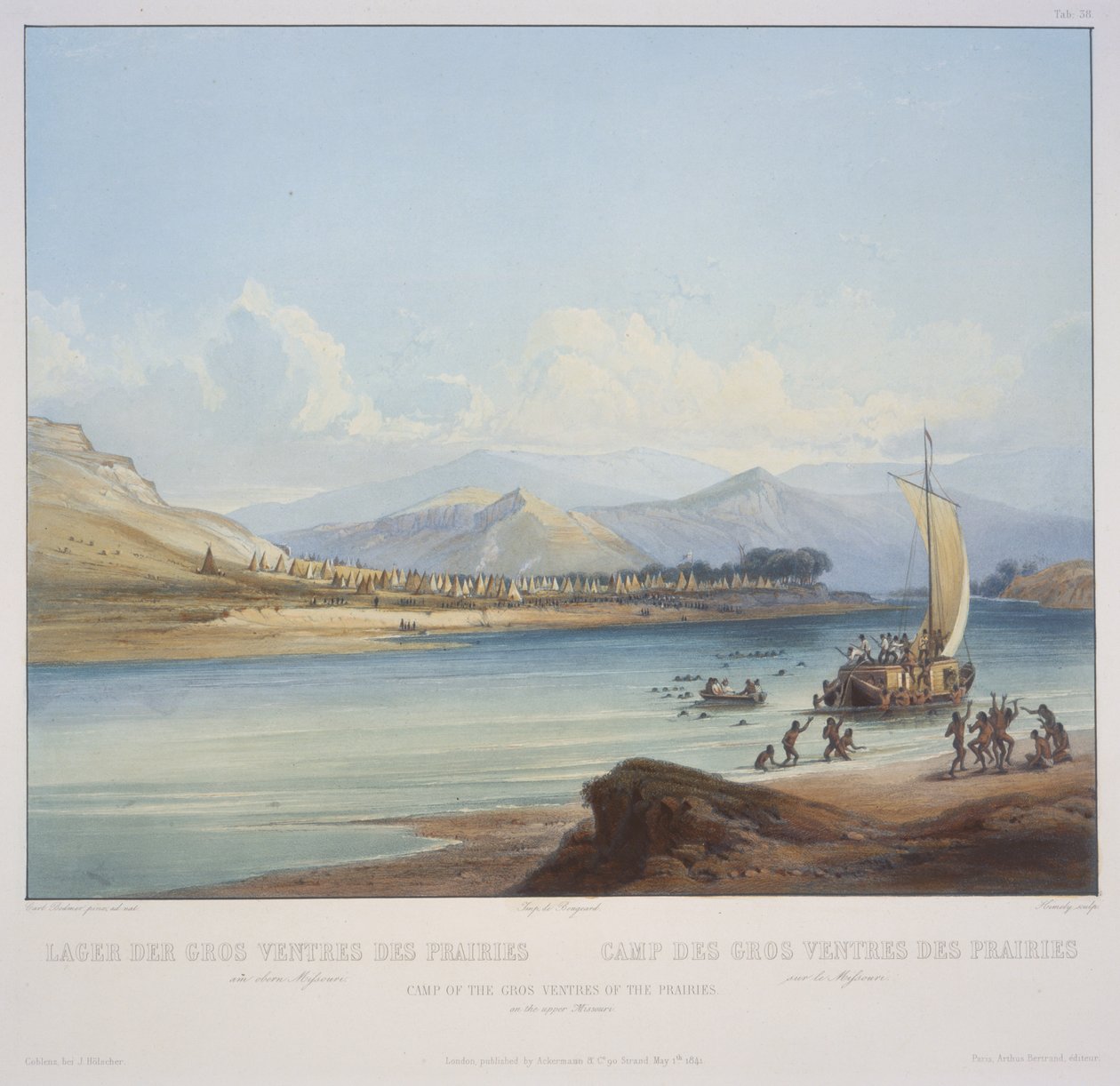 Camp of the Gros Ventres of the Prairies on the Upper Missouri, graverad av S. Himely, publicerad 1841 (akvatint) av Karl Bodmer