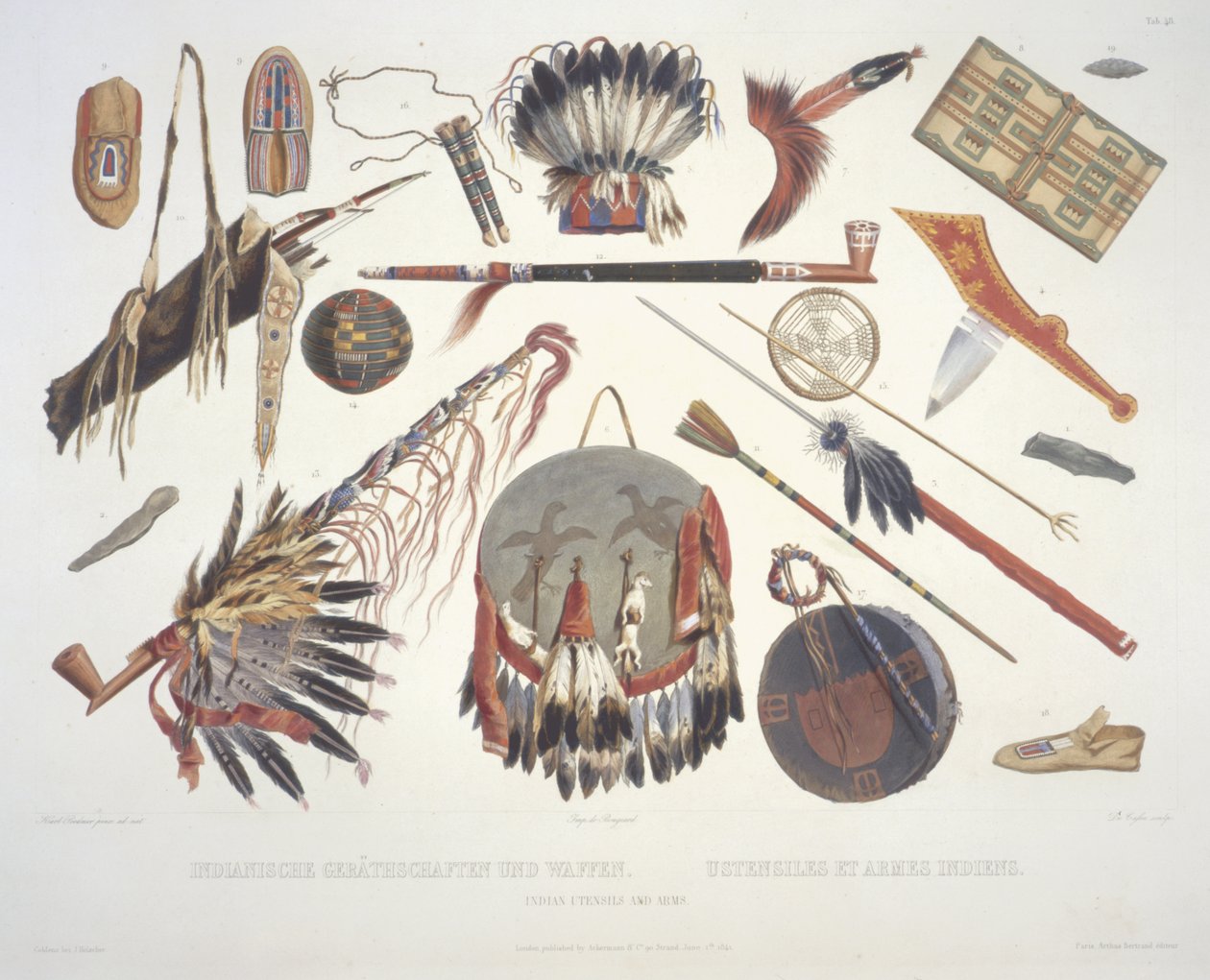 Indiska redskap och vapen, graverade av Du Casse, publicerade 1841 (akvatint) av Karl Bodmer