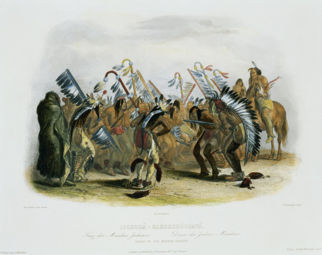 Ischoha-Kakoschochata, Mandanindianernas dans, tavla 25 från volym 1 av "Travels in the Interior of North America", graverad av Narcisse Desmadryl, 1843 (akvatint) av Karl Bodmer