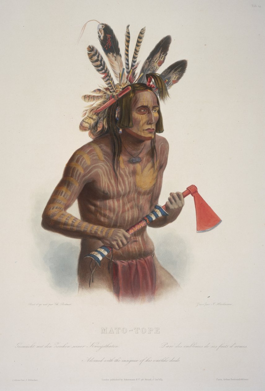Mato-Tope, prydd med insignier av hans krigiska gärningar. av Karl Bodmer