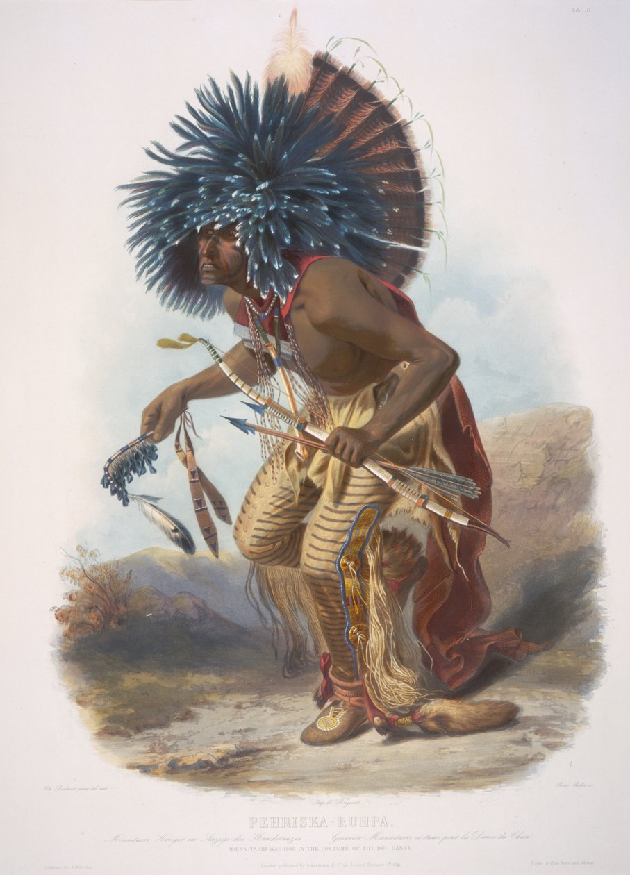 Moennitarri krigare i hunddansens kostym. Pehriska-Ruhpa av Karl Bodmer