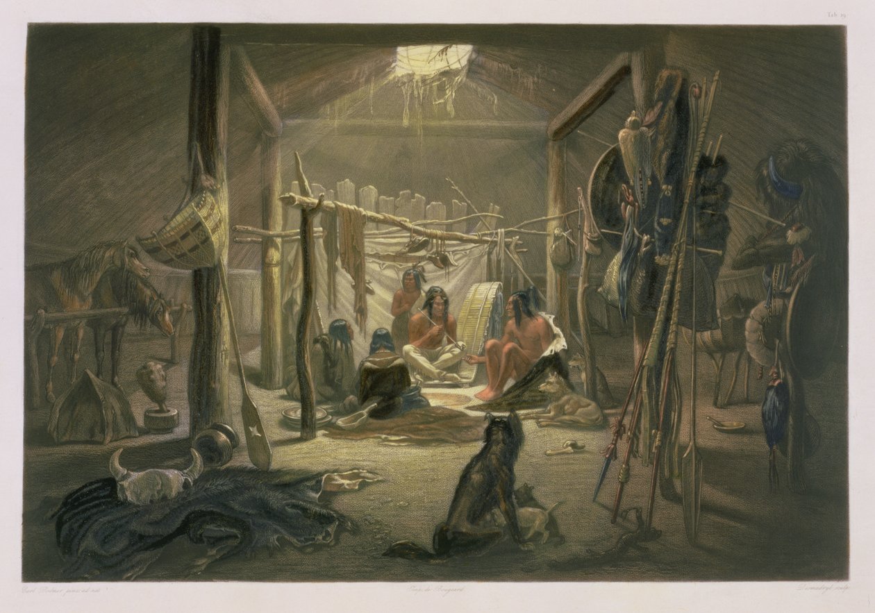 Interiören i en mandanhövdings hydda, tavla 19 från volym 2 av "Travels in the Interior of North America", graverad av Narcisse Desmadryl, 1844 (akvatint) (se 29098 för detaljer) av Karl Bodmer