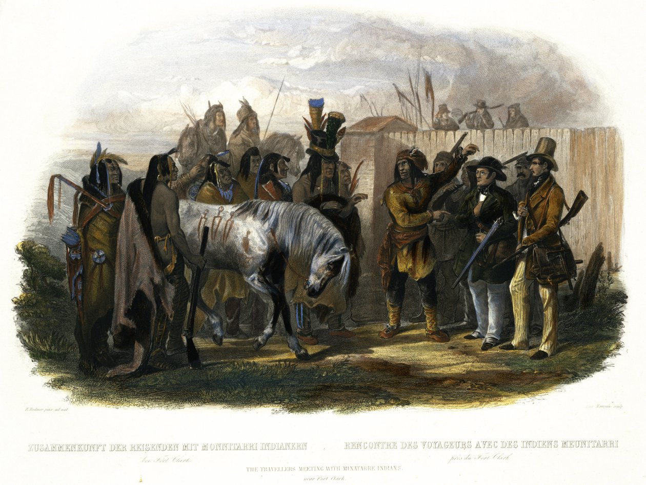 Resenärerna möter Minatarre-indianer nära Fort Clark, tavla 26 från volym 1 av "Travels in the Interior of North America", graverad av Alexandre Manceau, 1843 (akvatint) av Karl Bodmer