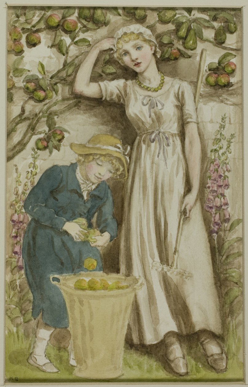 Flicka och pojke plockar äpplen av Kate Greenaway