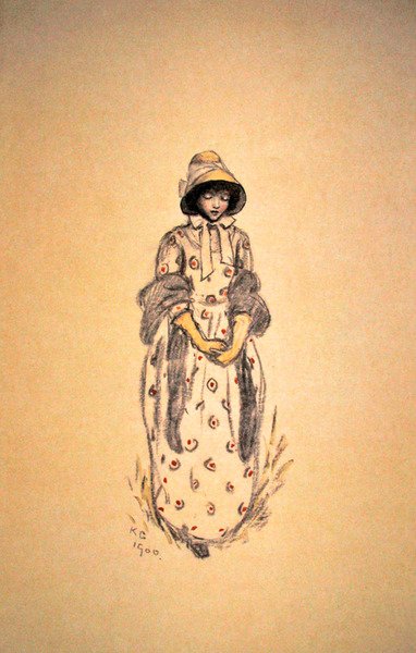 Flicka i peta huva och sjal av Kate Greenaway
