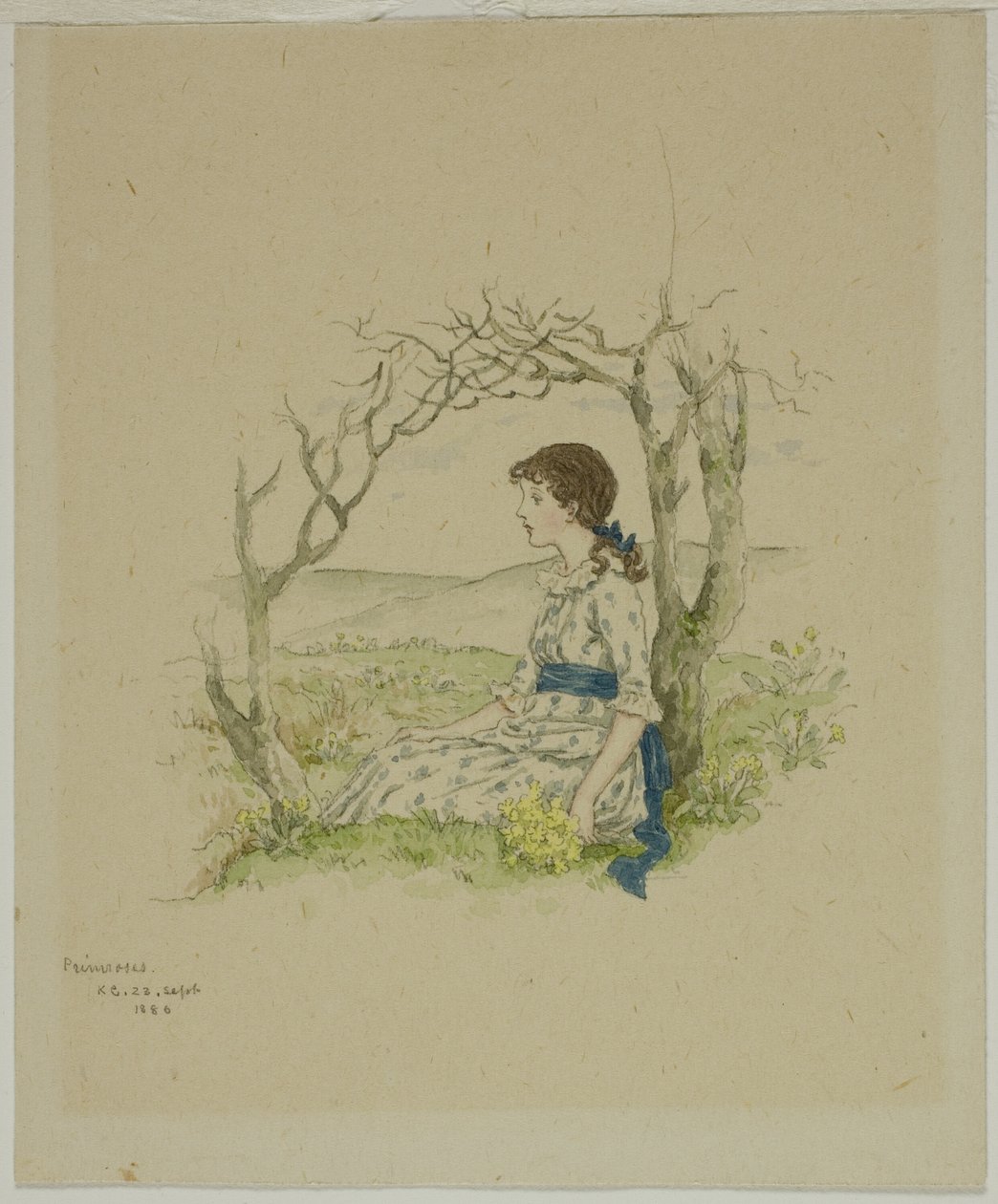 Sittande flicka med primörer av Kate Greenaway