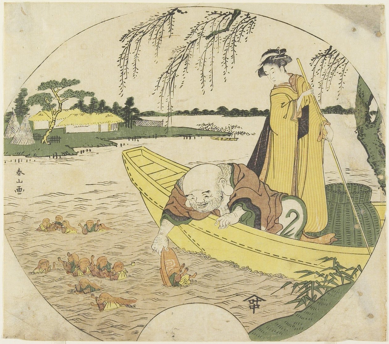 (Hotei God on a Boat Catching Sho_jo_ Goblins with a Sake Cup), 1782-1789 av Katsukawa Shunzan