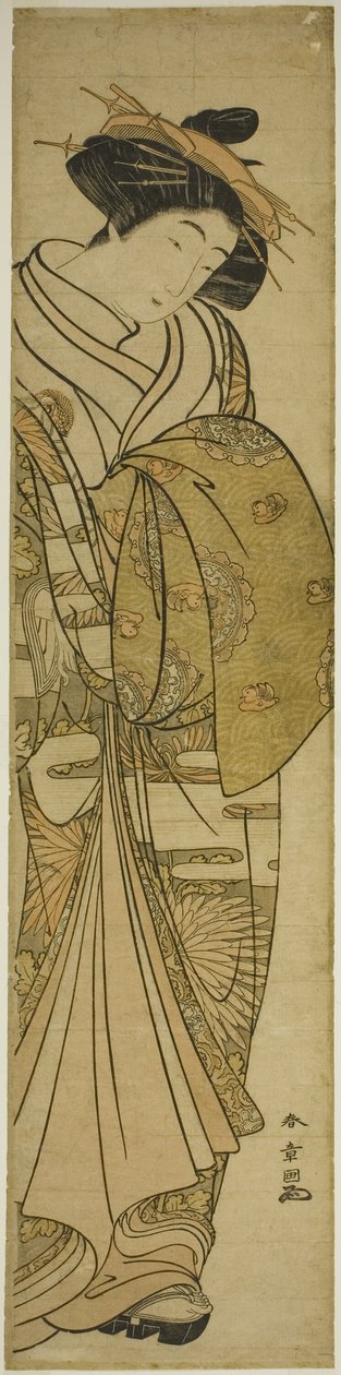 Kurtisan som bär en krysantemummönstrad kimono av Katsukawa Shunsho