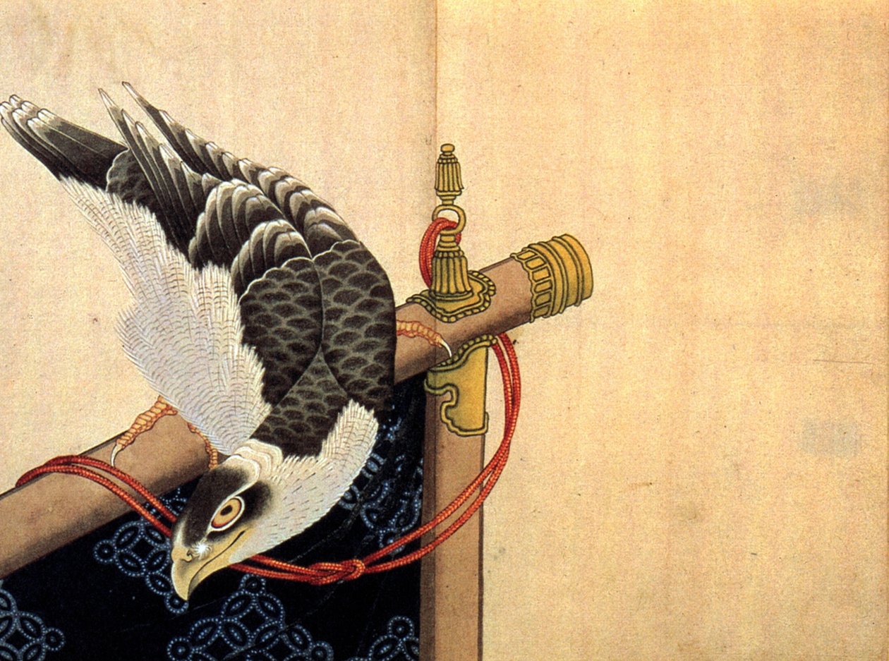 Hawk on a ceremonial stand av Katsushika Hokusai