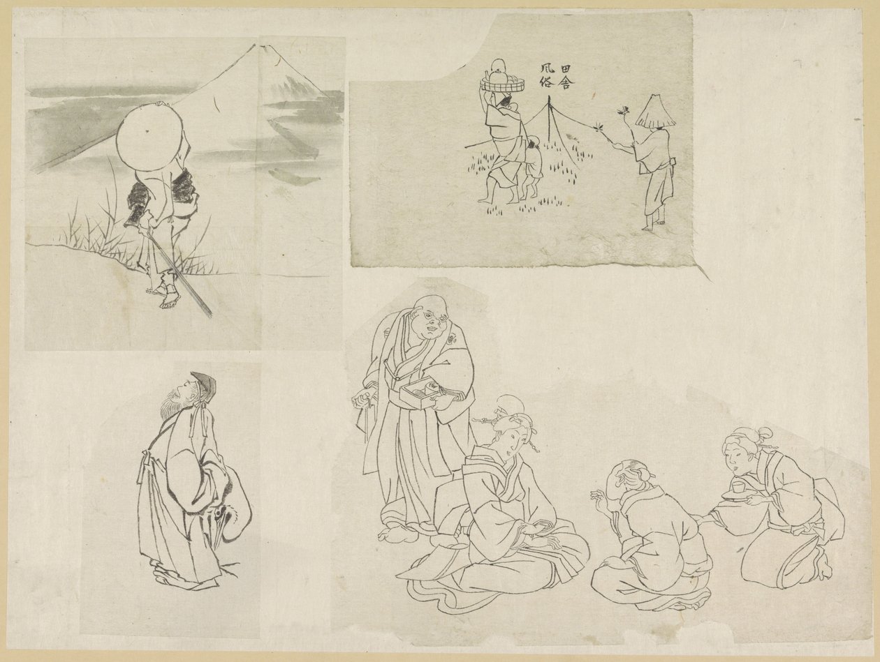 Fyra scener med olika figurer av Katsushika Hokusai (possibly)