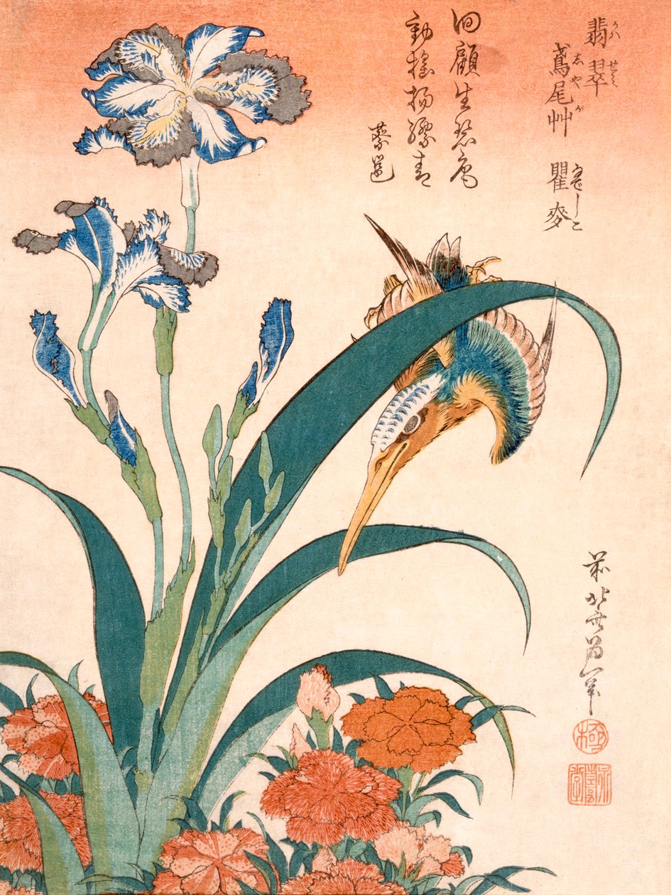 Kingfisher, Irises and Pinks, publicerad c1834. av Katsushika Hokusai