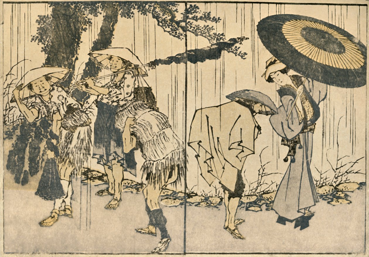 Människor i regnet, 1819, 1924. av Katsushika Hokusai