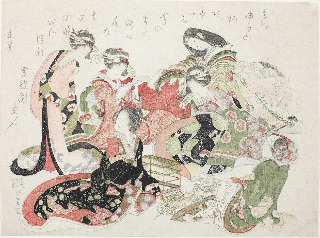 Sex kvinnor satt runt en fågelbur av Katsushika Hokusai