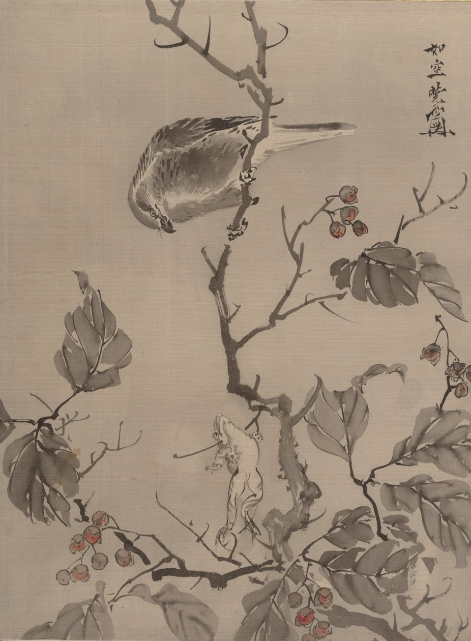 Fågel och groda, ca. 1887. av Kawanabe Kyosai
