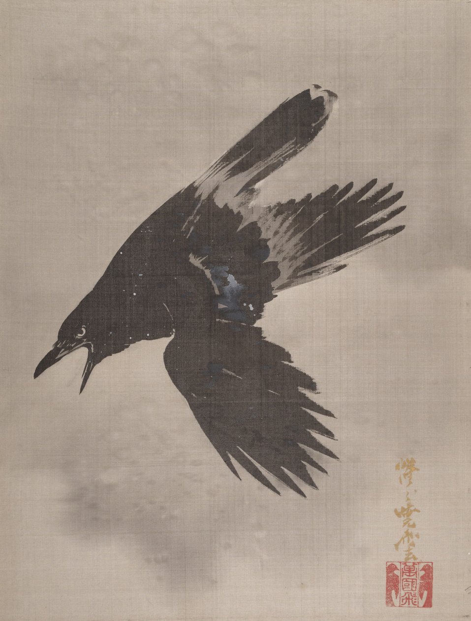 Kråka som flyger i snön, ca. 1887. av Kawanabe Kyosai