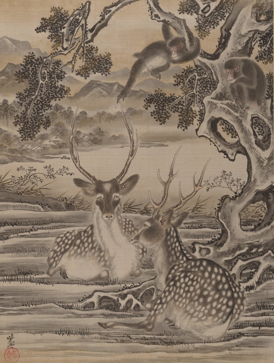 Rådjur och apor, ca. 1887. av Kawanabe Kyosai