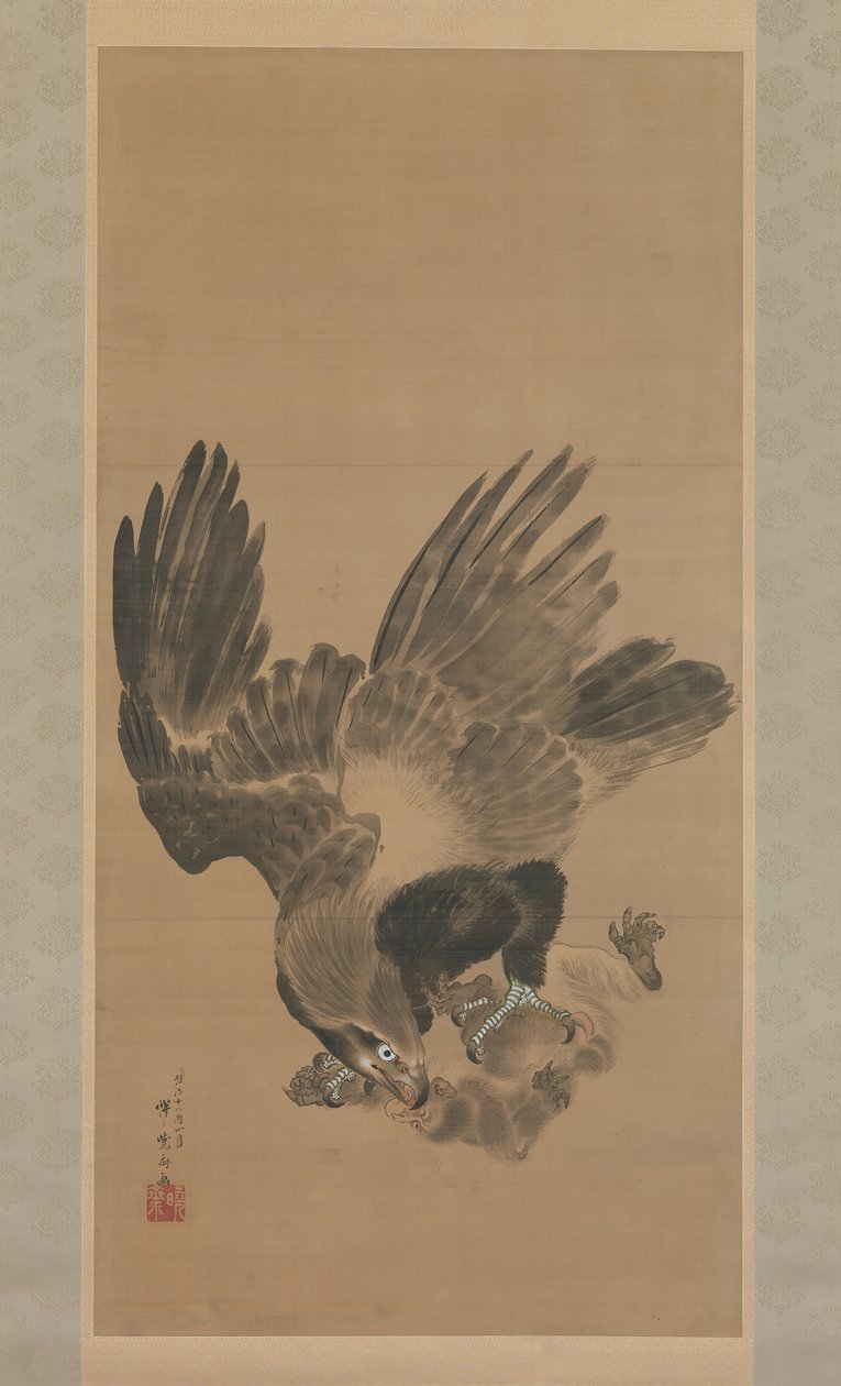Örn attackerar en apa, 1885. av Kawanabe Kyosai