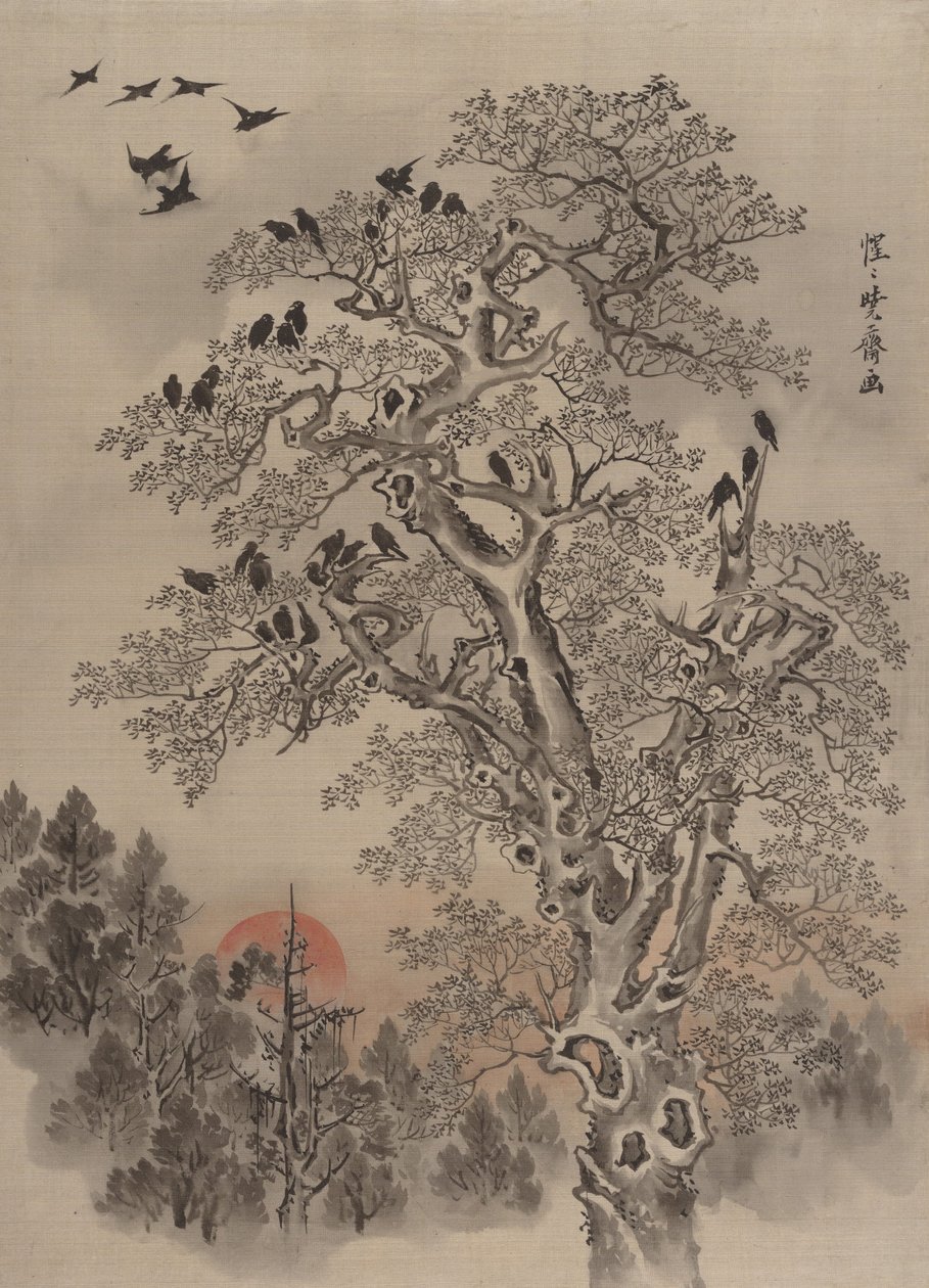 Flock av kråkor vid Dawn, ca. 1887. av Kawanabe Kyosai
