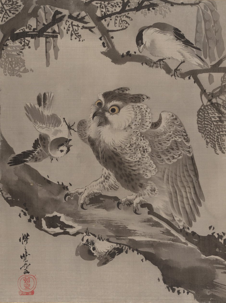 Uggla hånad av småfåglar, ca. 1887. av Kawanabe Kyosai