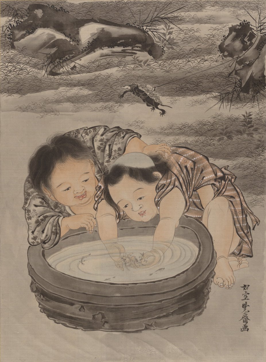 Två barn som leker med guldfisk, ca. 1887. av Kawanabe Kyosai