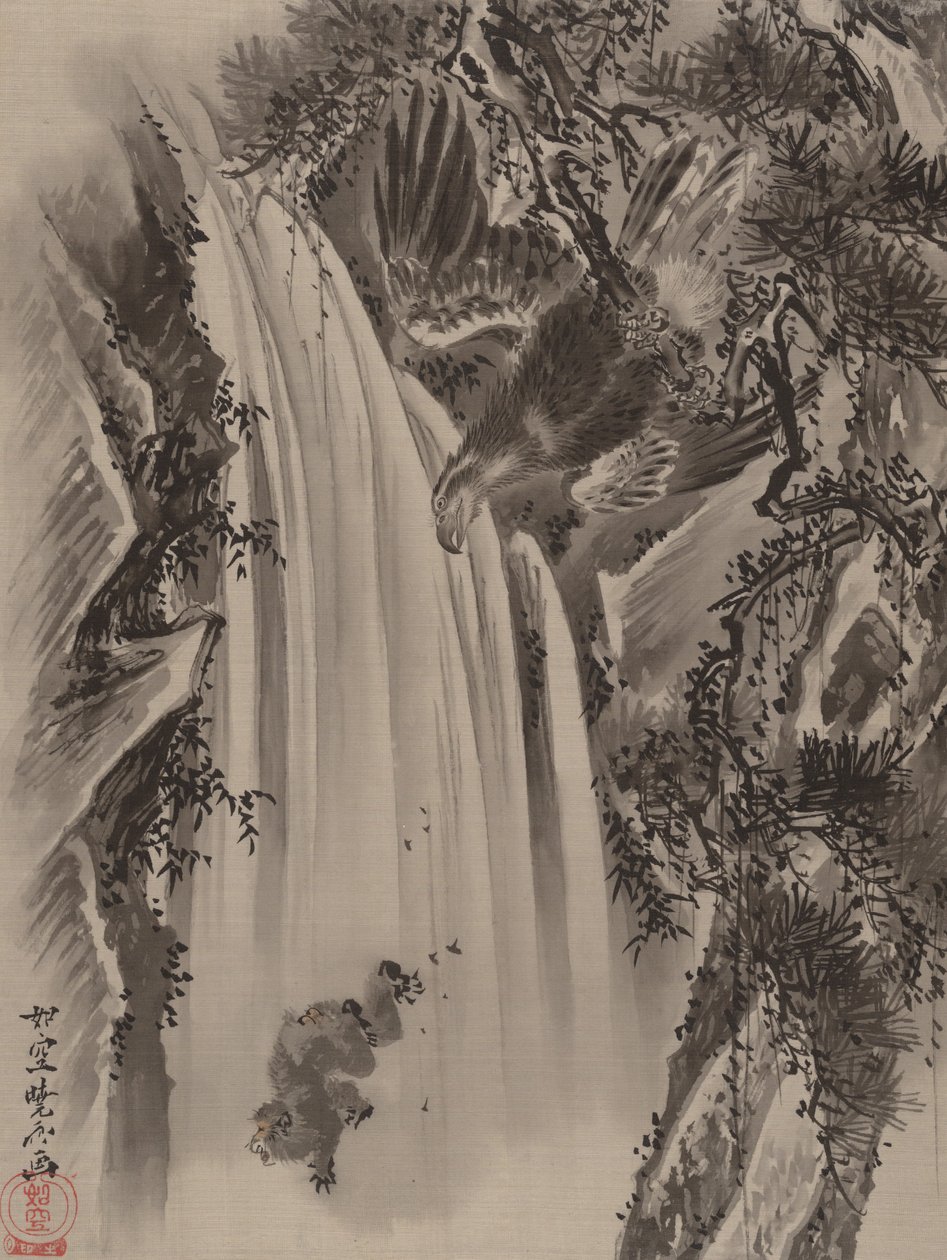 Vattenfall, örn och apa, ca. 1887. av Kawanabe Kyosai