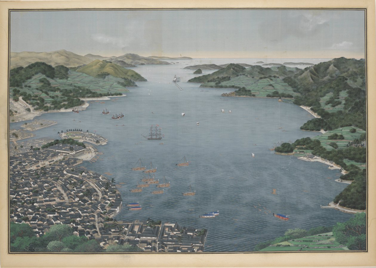 Utsikt över bukten i Nagasaki, ca 1833. av Keiga Kawahara