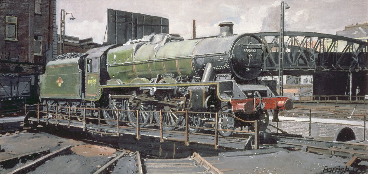 Jubilee Turnaround, Hawke 45652 Jubilee Class Lokomotiv på Camden skivspelare, London av Kevin Guild of Railway Artist Parrish