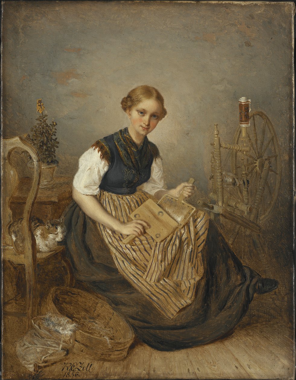 A Girl Carding, 1856 av Kilian Christoffer Zoll