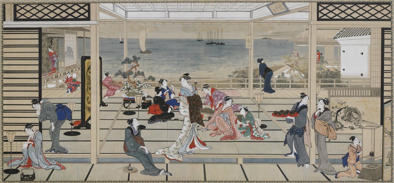 Moonlight Revelry vid Dozo Sagami, Edo-perioden, sent 1700-tidigt 1800-tal (bläck och färg på papper) av Kitagawa Utamaro