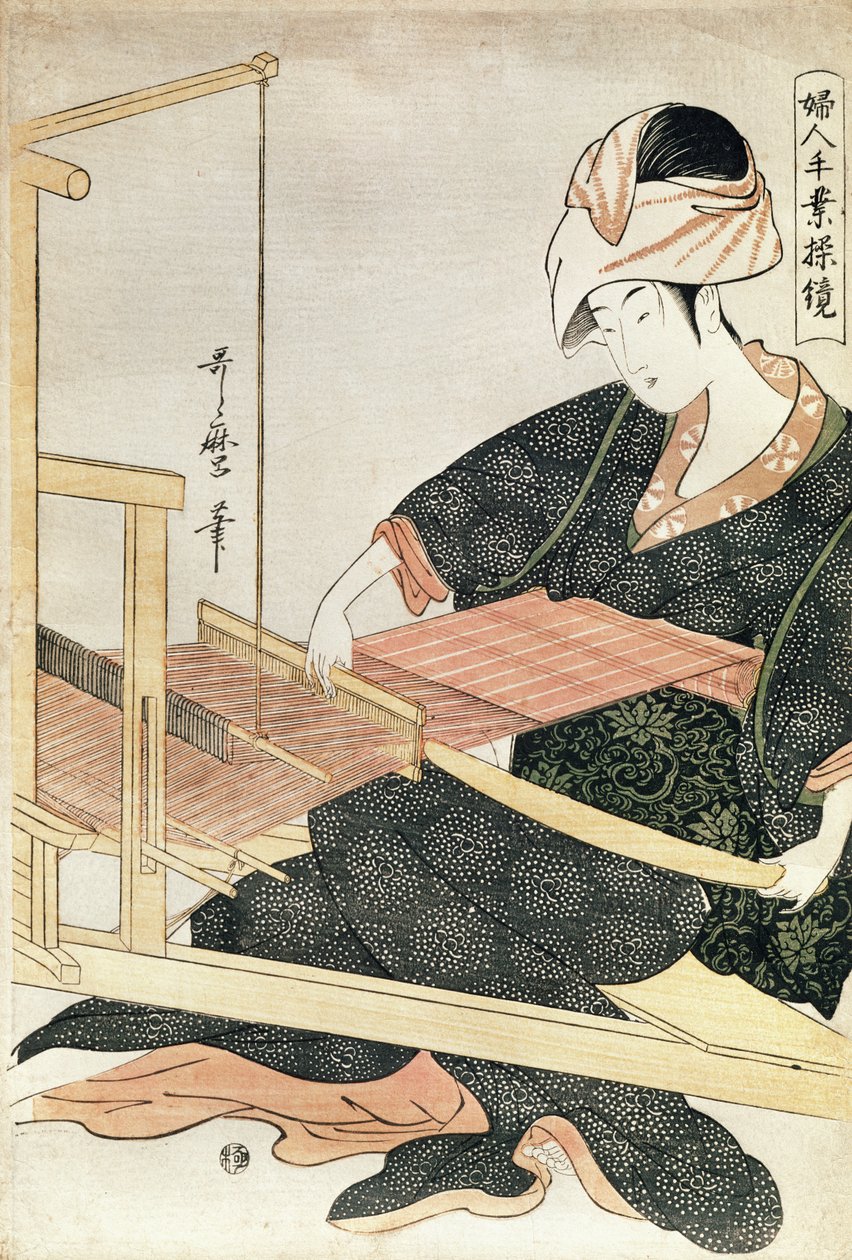 Mwanamke Weaving (woodblock print)swed av Kitagawa Utamaro
