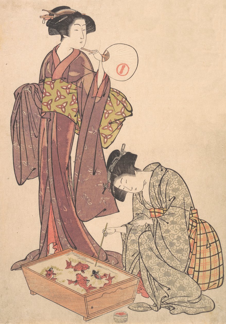 Två kvinnor som matar fisk, 1739-1820. av Kitao Shigemasa