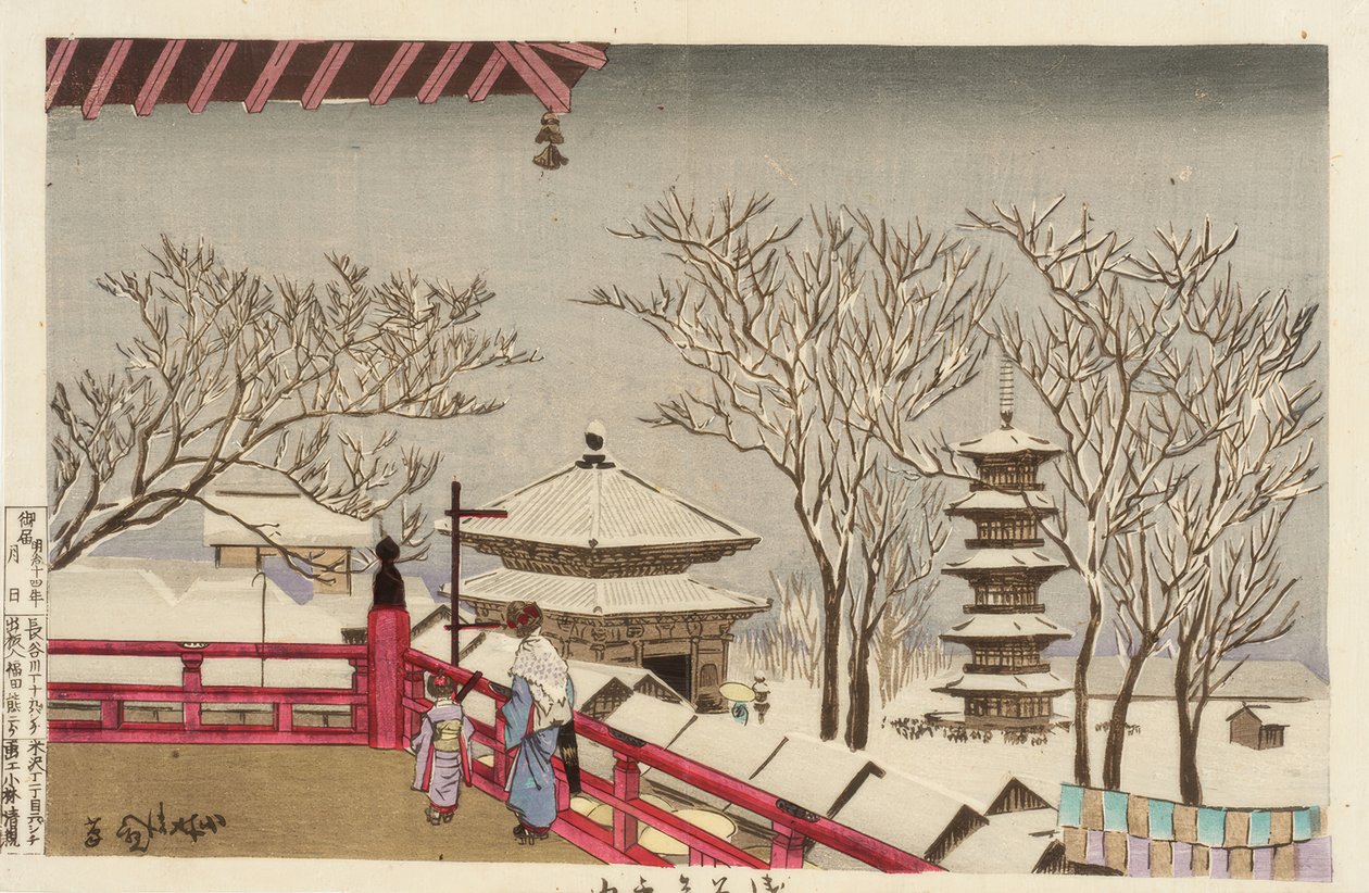 Sensoji-templet i snön av Kiyochika Kobayashi