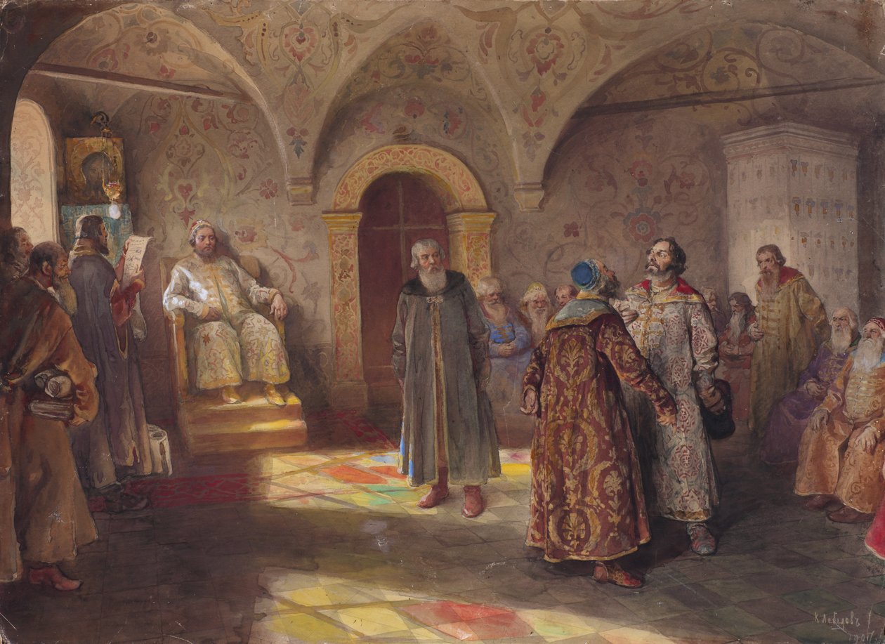 Tsar och bojarer, 1907. av Klavdi Vasilyevich Lebedev