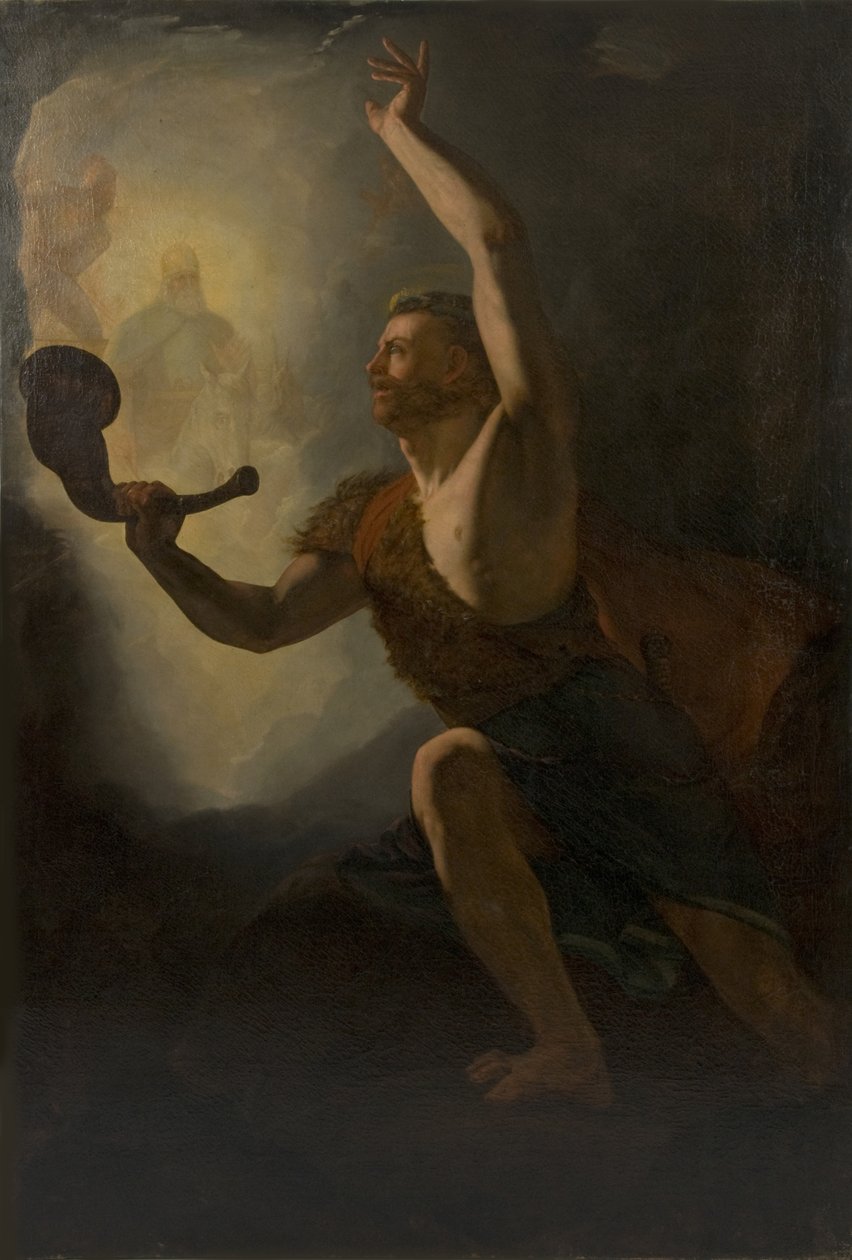Heimdall kallar gudarna till strid, 1828. av Knud Baade
