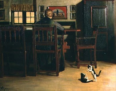 Interiör med lekfulla kattungar av Knud Sinding