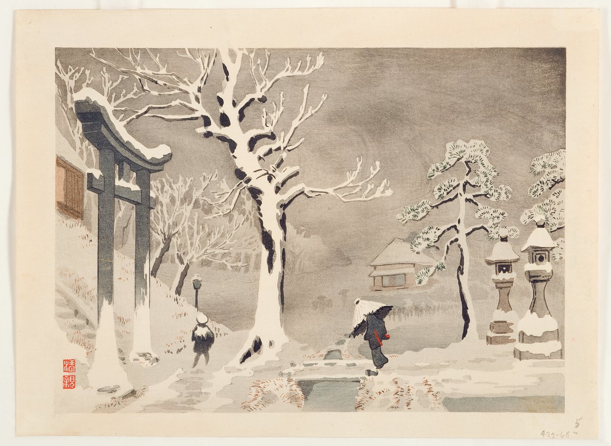 Snöscen under vallen vid Mimeguri-helgedomen, Mukojima, ca 1915 (träsnitt) av Kobayashi Kiyochika