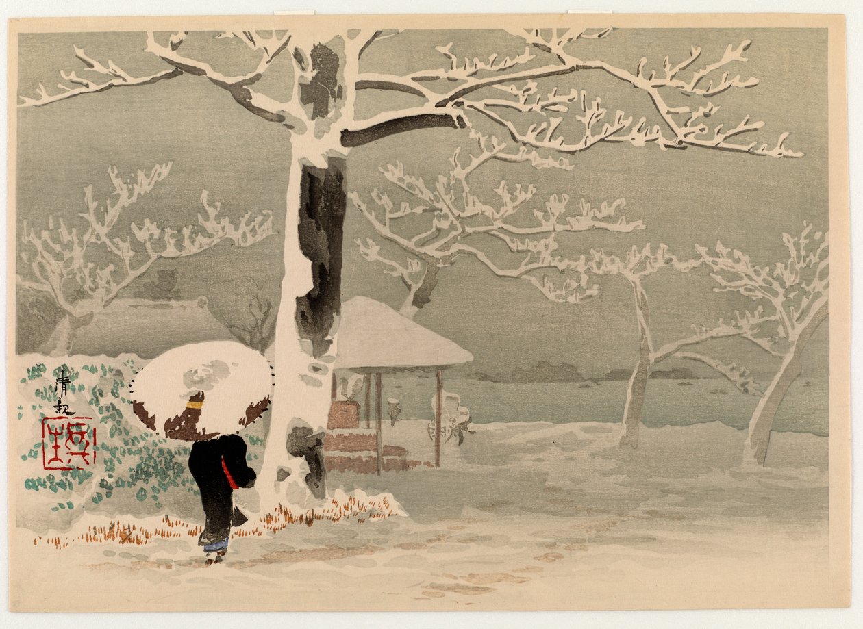 Snö vid Sumida-floden, ca 1930 (färgtryck) av Kobayashi Kiyochika