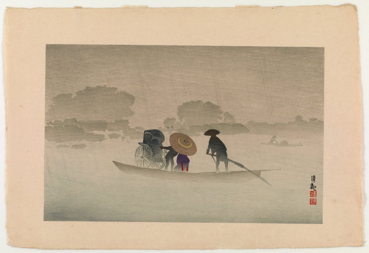 Takeya-färjan vid Matsuchichiyama i vårregnet, 1929 (trätryck i färg) av Kobayashi Kiyochika