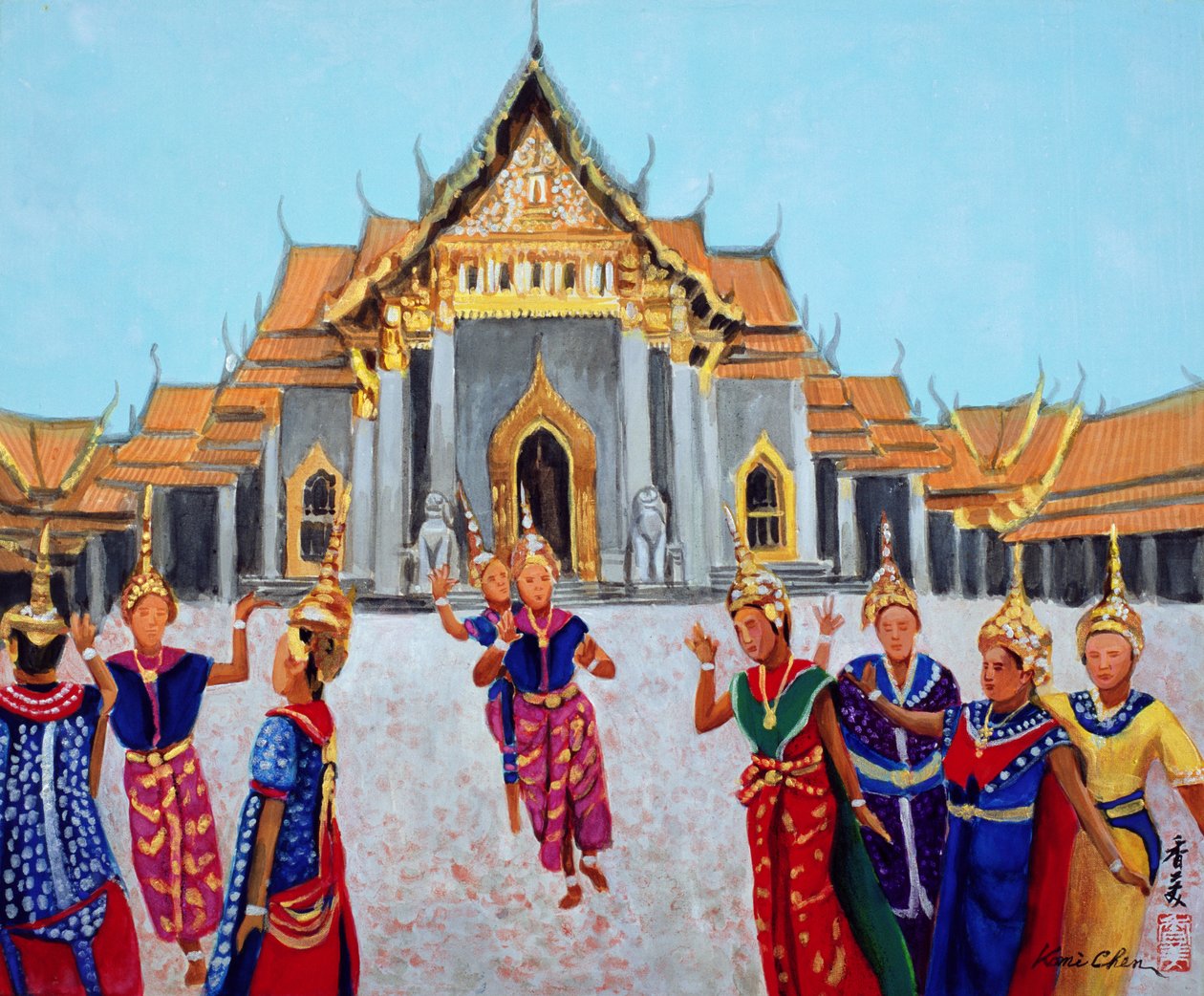 Traditionell thailändsk dans, 1990 (gouache på siden) av Komi Chen