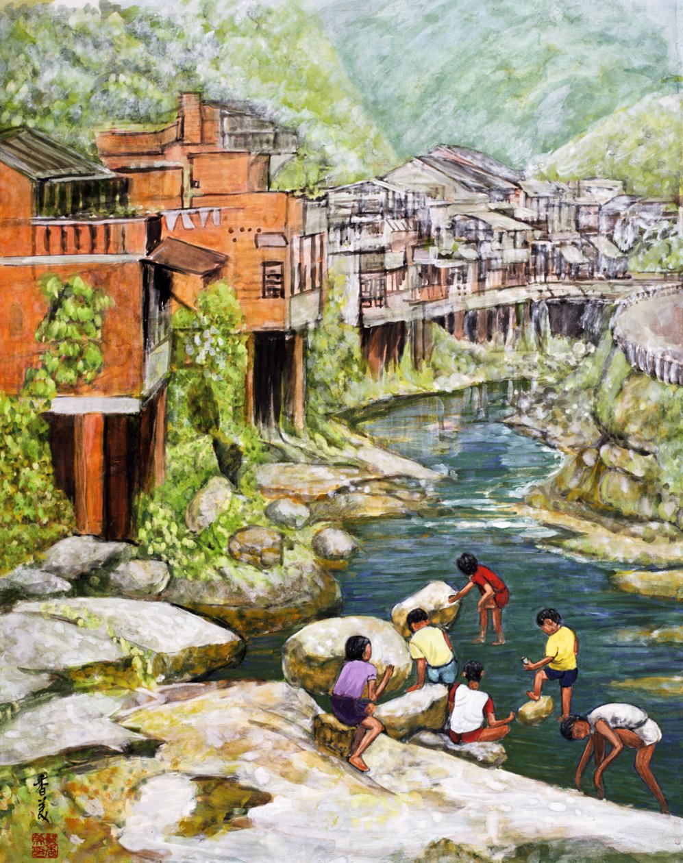 Village by the River, 1992 (gouache på siden) av Komi Chen