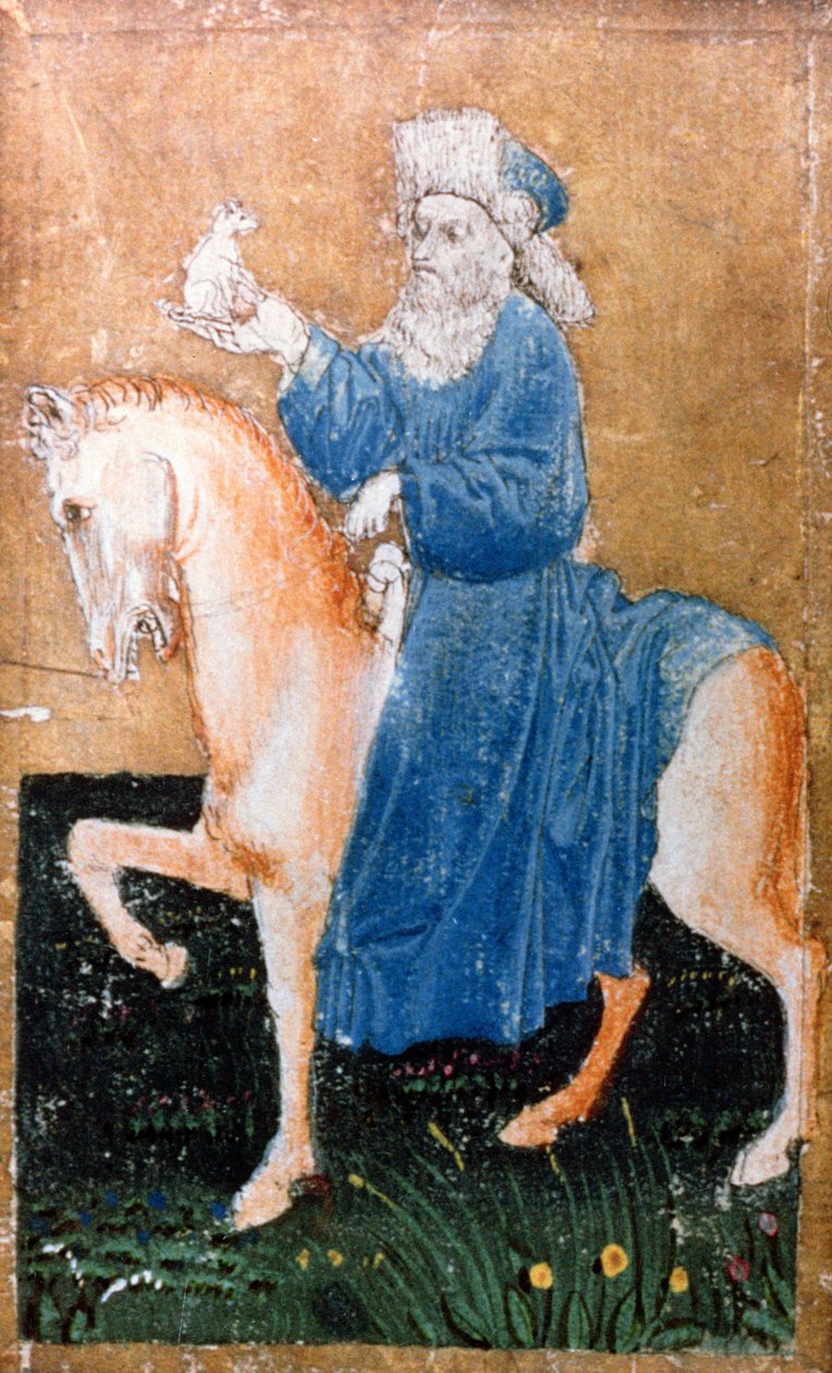 En beriden man som håller i en liten hund, ett av en uppsättning spelkort som visar scener av hövisk hökning, Upper Rhein Area, c.1440-45 (penna och bläck, wc) (se även 87698, 88300-01 och 88303-04) av Konrad Witz