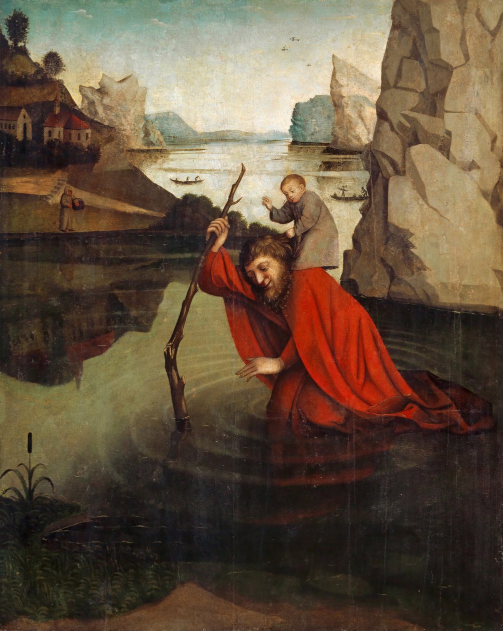 St. Christopher som bär Kristusbarnet (tempera på panel) av Konrad Witz