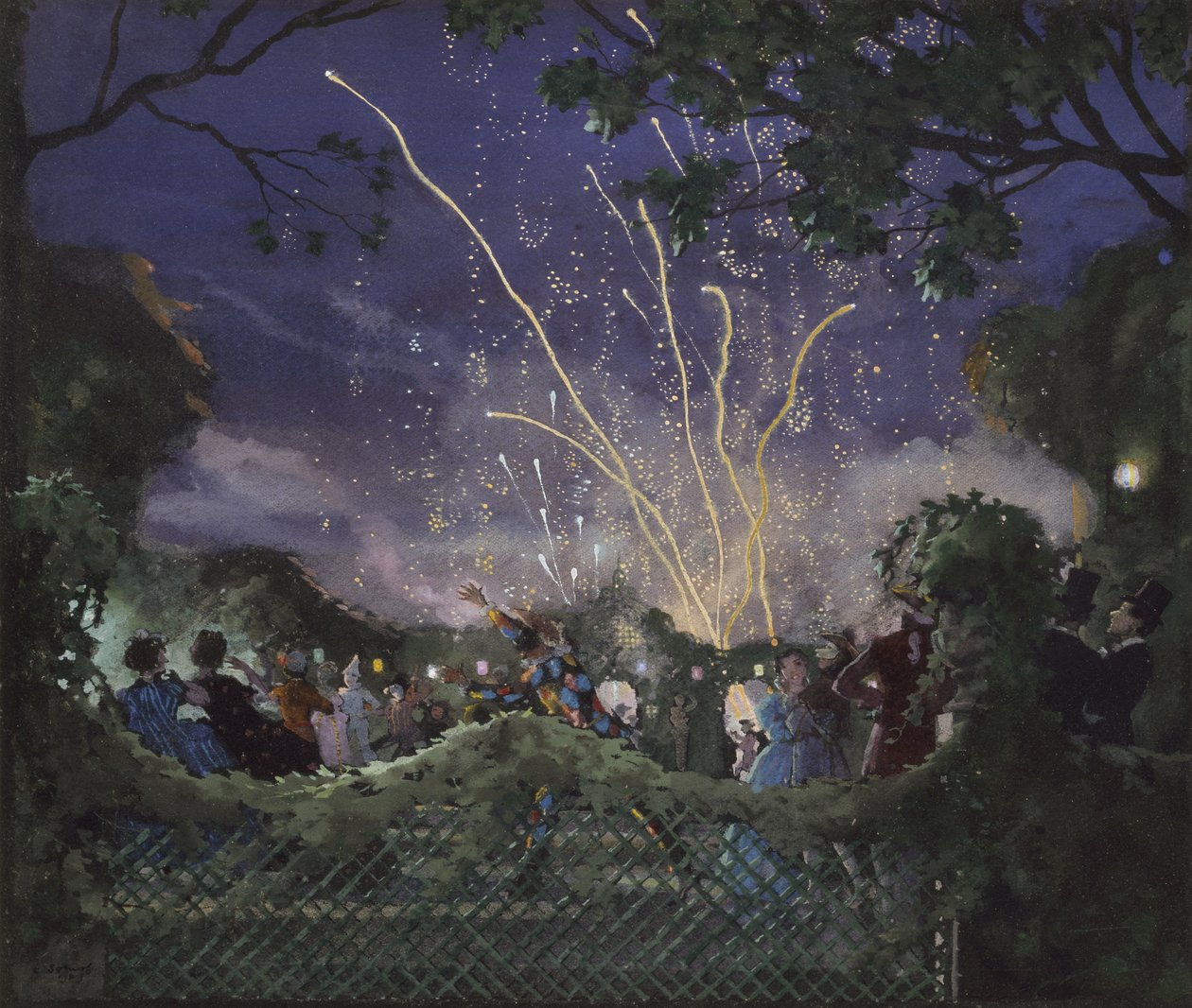 Fyrverkerier, 1929 (Kroppsfärg på svart vävt papper) av Konstantin Andreevic Somov