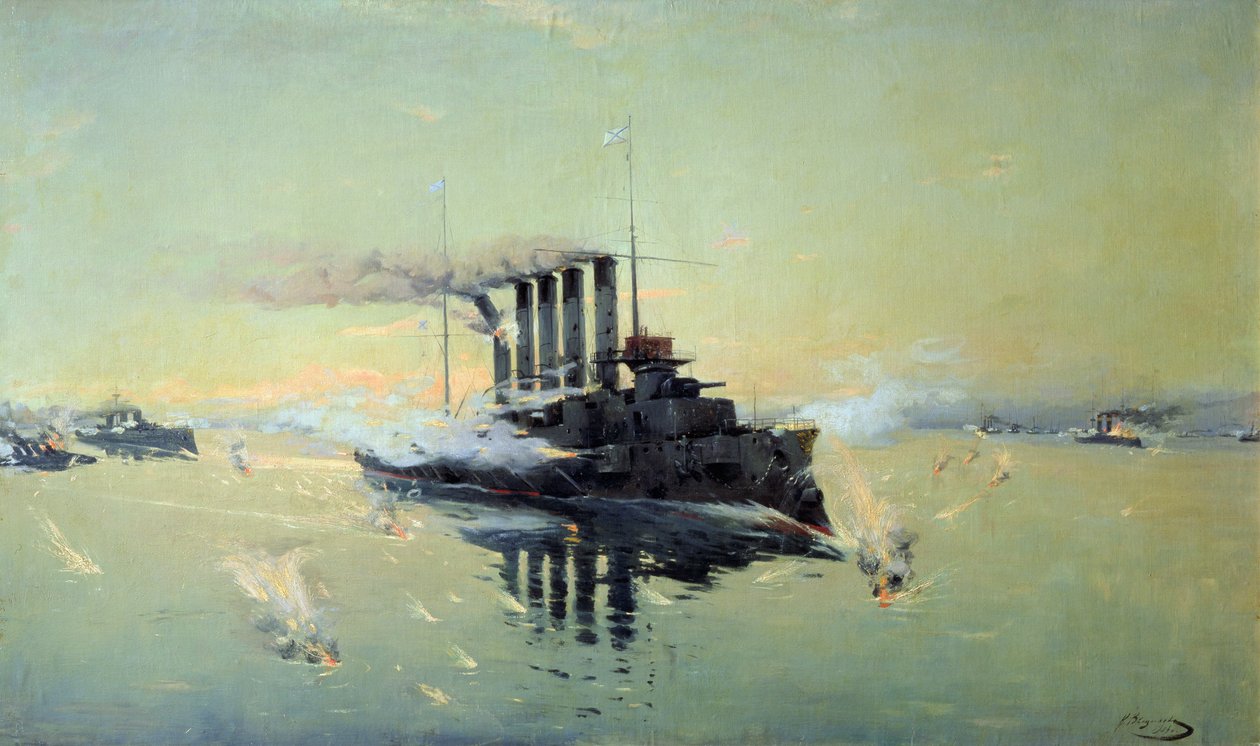 Kryssaren Askold slåss den 28 juli 1904 i Gula havet 1906 av Konstantin Veshchilov