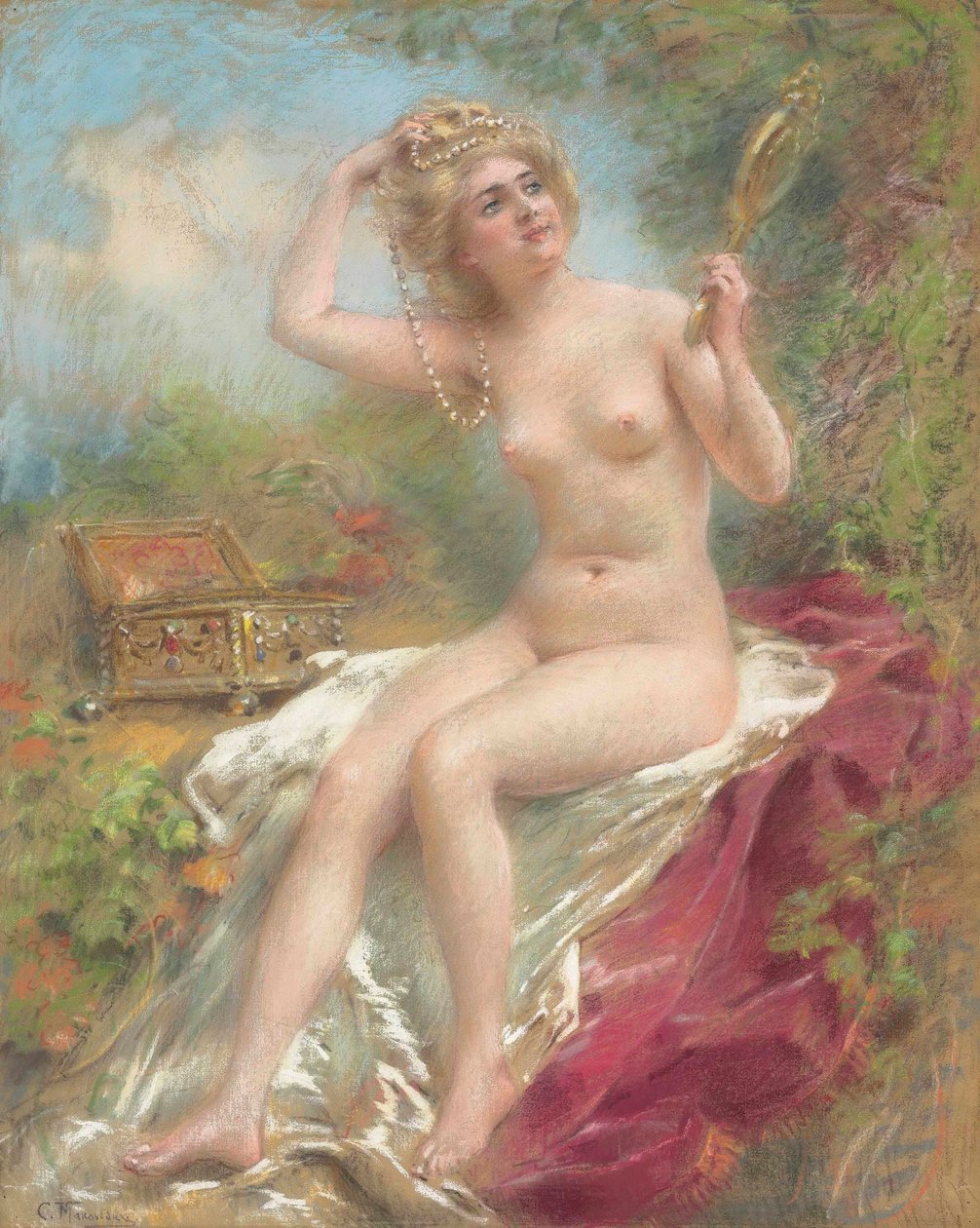 Sittande naken som tittar i en spegel av Konstantin Makovsky