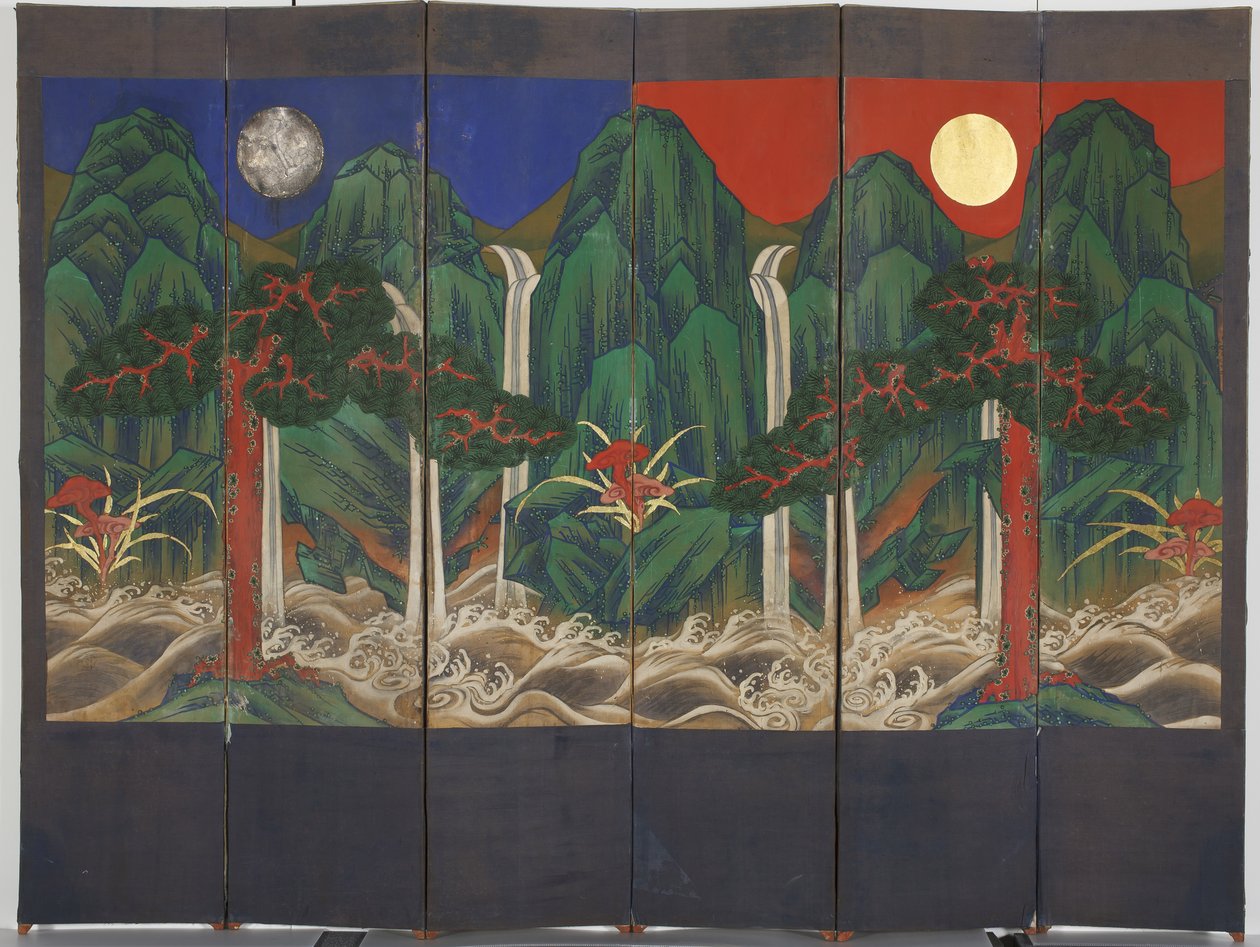 Landskap (tempera och bladguld på panel) av Korean School