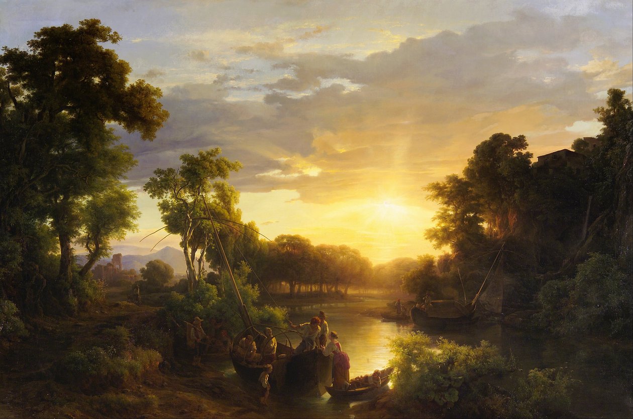 Italian Landscapes at Sunset, Fishermen av Károly Markó